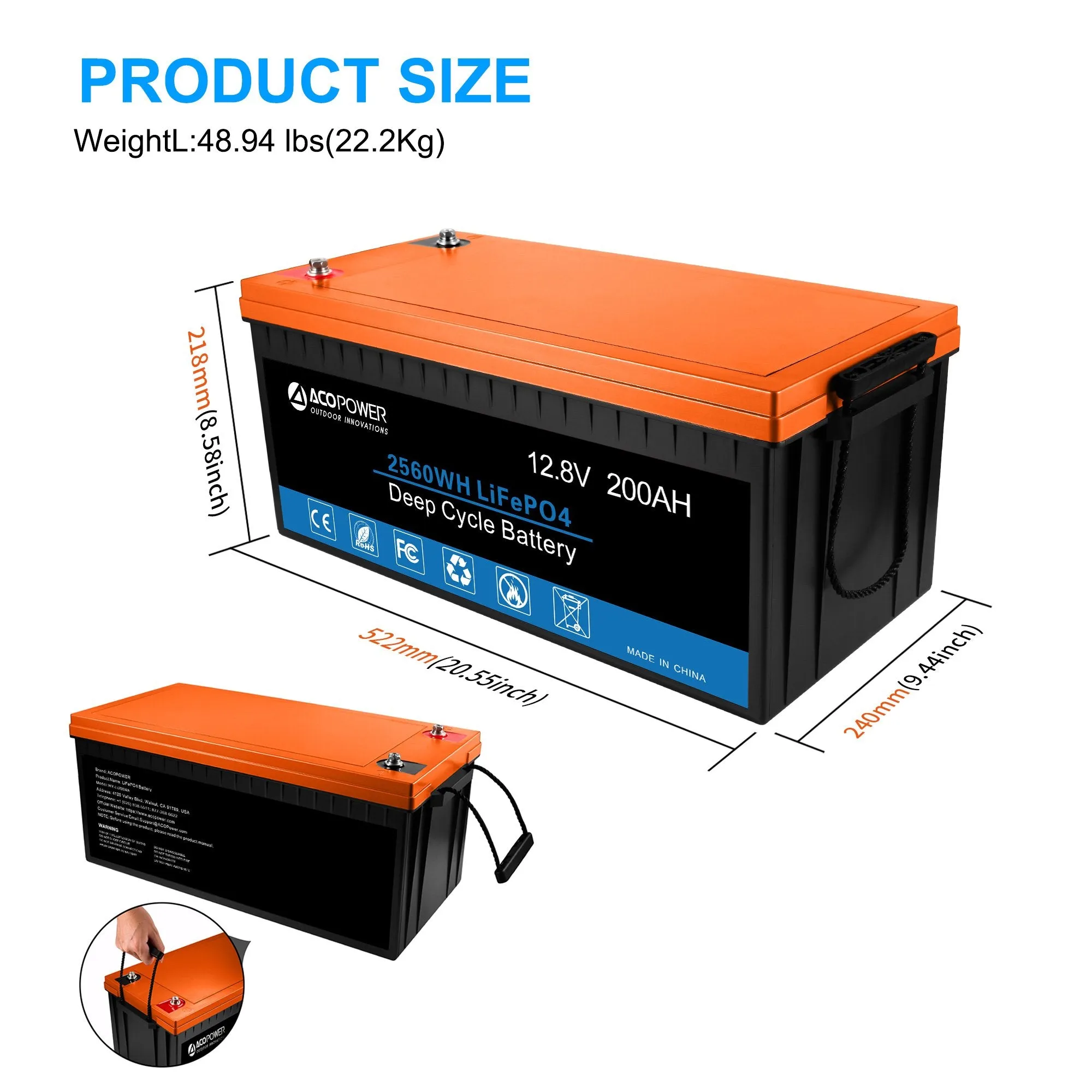 12V 200Ah LiFePO4 Deep Cycle Lithium Battery by ACOPOWER