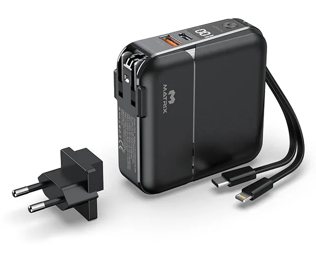 15000 mAh Power Bank with Built-in Cables, Digital Display, AC Adapter & Holder - PD18