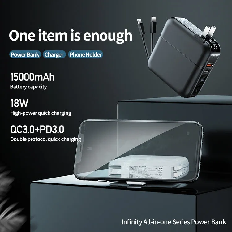 15000 mAh Power Bank with Built-in Cables, Digital Display, AC Adapter & Holder - PD18