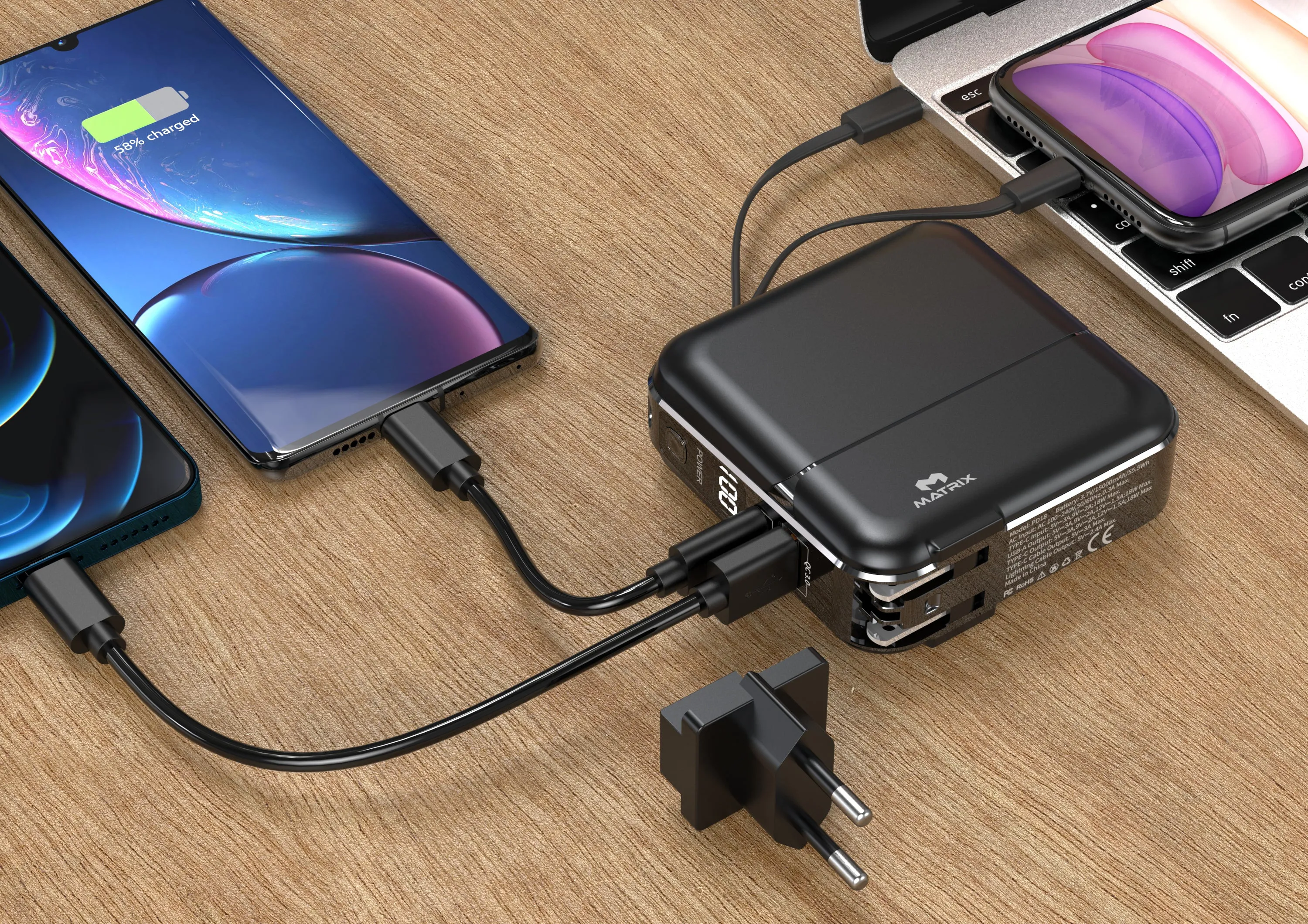 15000 mAh Power Bank with Built-in Cables, Digital Display, AC Adapter & Holder - PD18