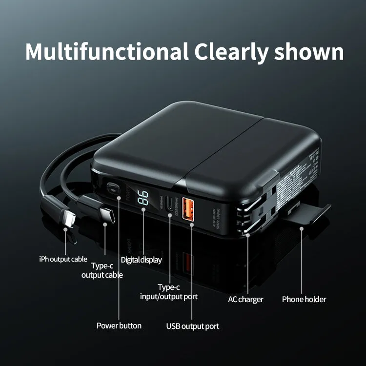 15000 mAh Power Bank with Built-in Cables, Digital Display, AC Adapter & Holder - PD18