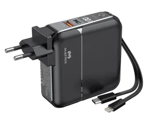 15000 mAh Power Bank with Built-in Cables, Digital Display, AC Adapter & Holder - PD18