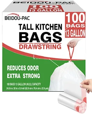BEIDOU-PAC 13 Gallon Trash Bags Drawstring, 500 Count, White & Unscented Garbage Bags, Multi-purpose Tall Kitchen Trash Bags Can Liners for Business Home Commercial and Industrial