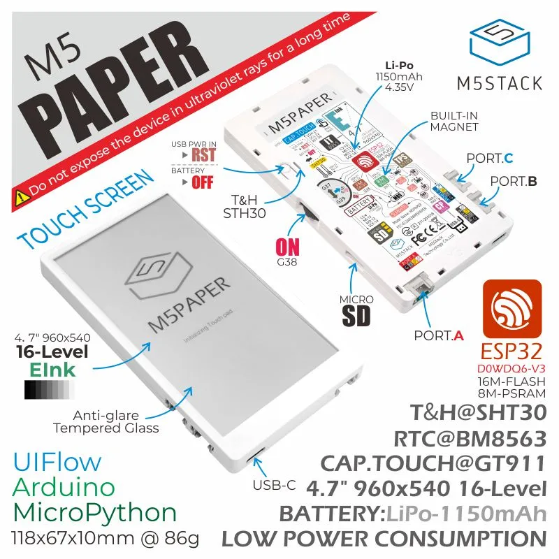 [EOL] M5Paper ESP32 Development Kit (960X540, 4.7" eInk display, 235 ppi)