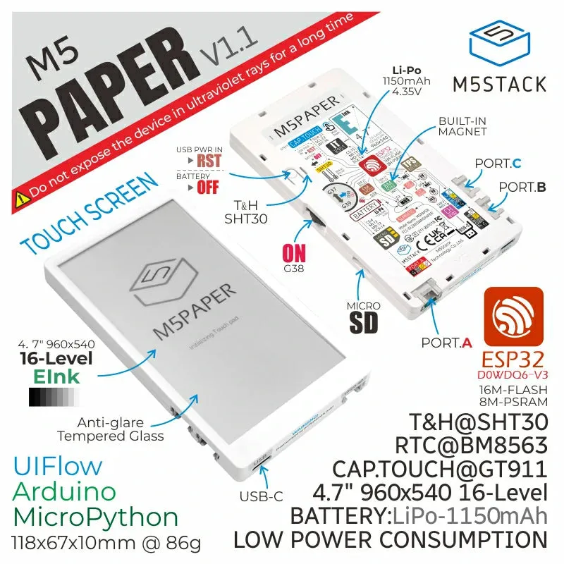 M5Paper ESP32 Development Kit V1.1 (960X540, 4.7" eInk display, 235 ppi)