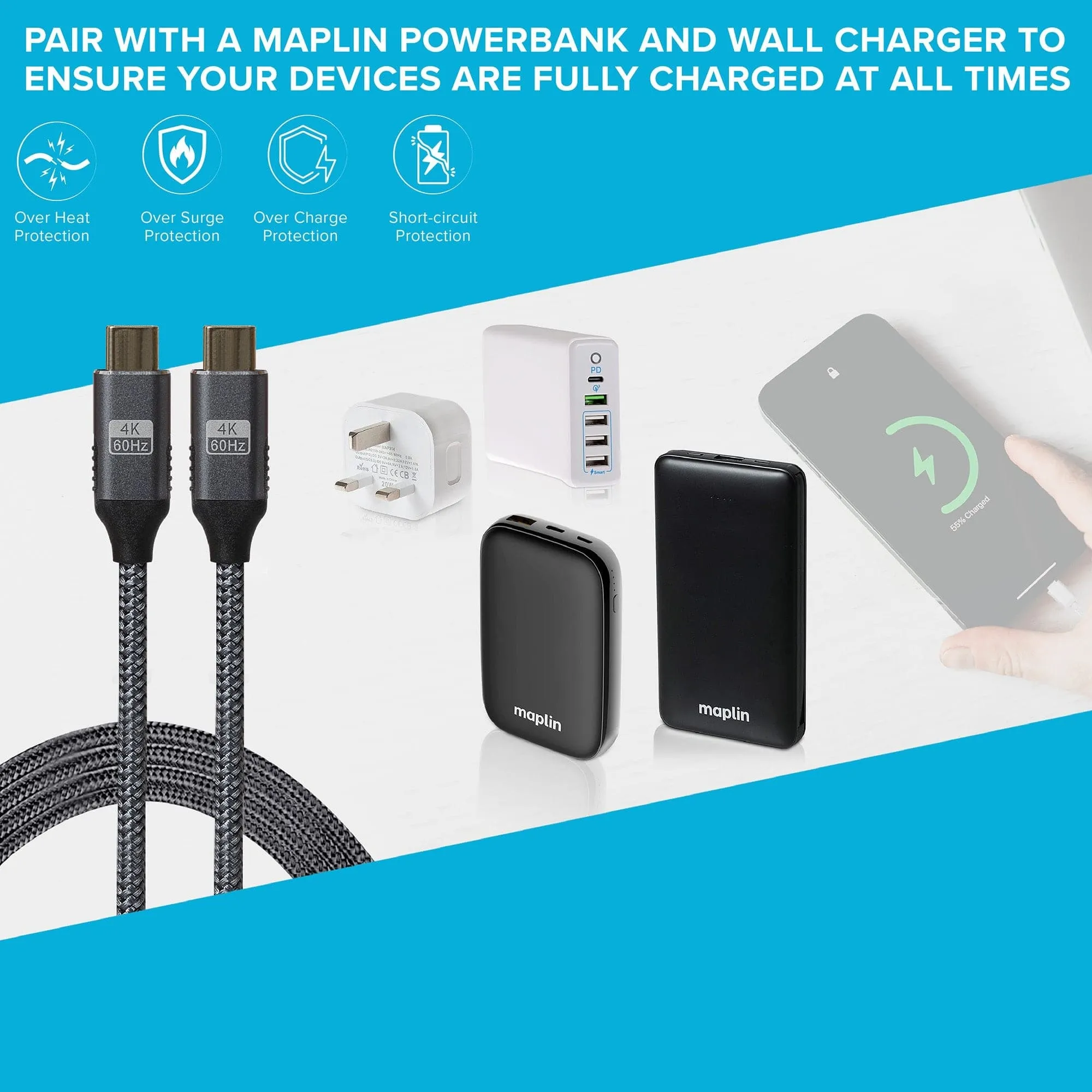 Maplin PRO USB-C to USB-C Gen2 100W 20Gbps Power Delivery Super Speed Data Transfer & Charging Braided Cable - Black, 3m