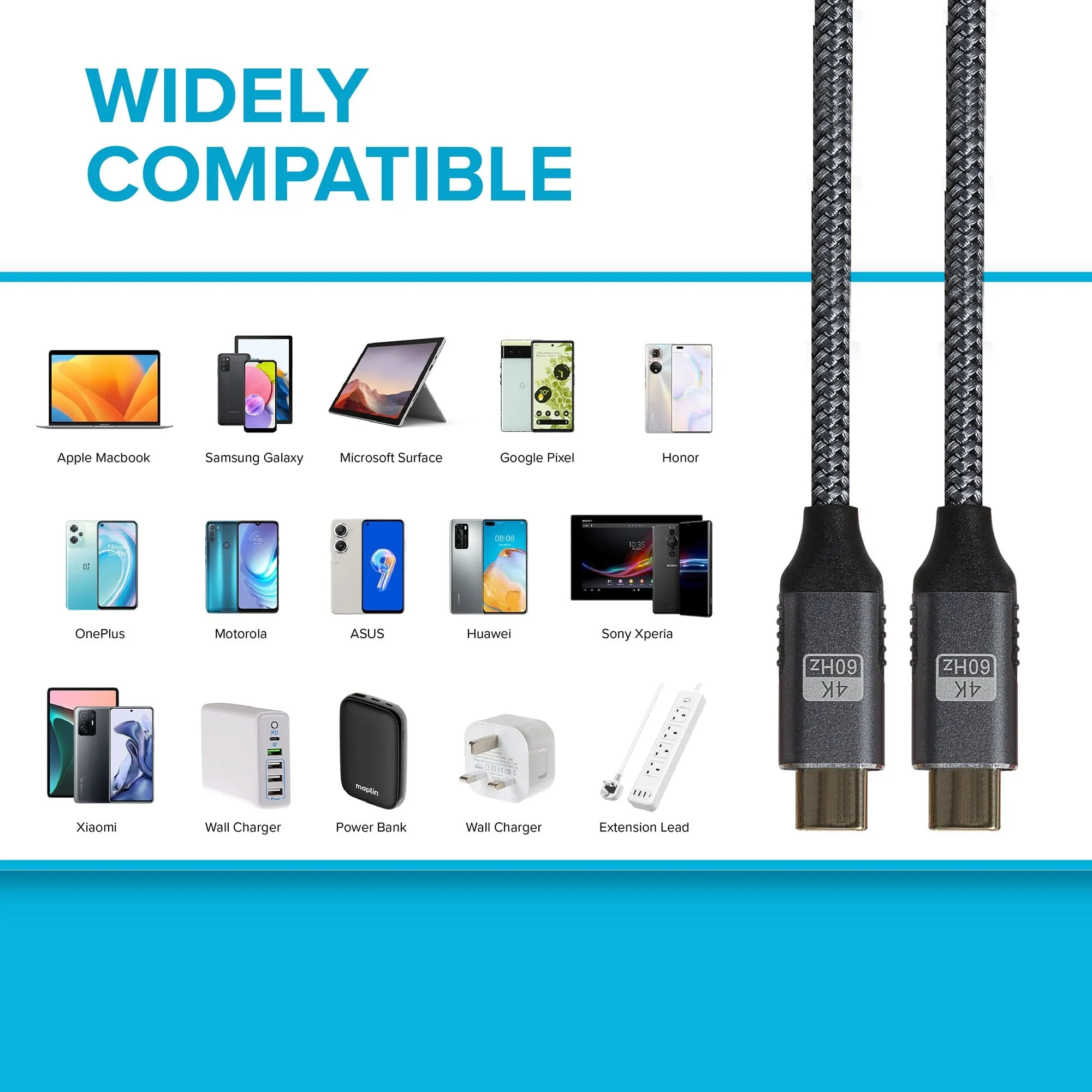 Maplin PRO USB-C to USB-C Gen2 100W 20Gbps Power Delivery Super Speed Data Transfer & Charging Braided Cable - Black, 3m