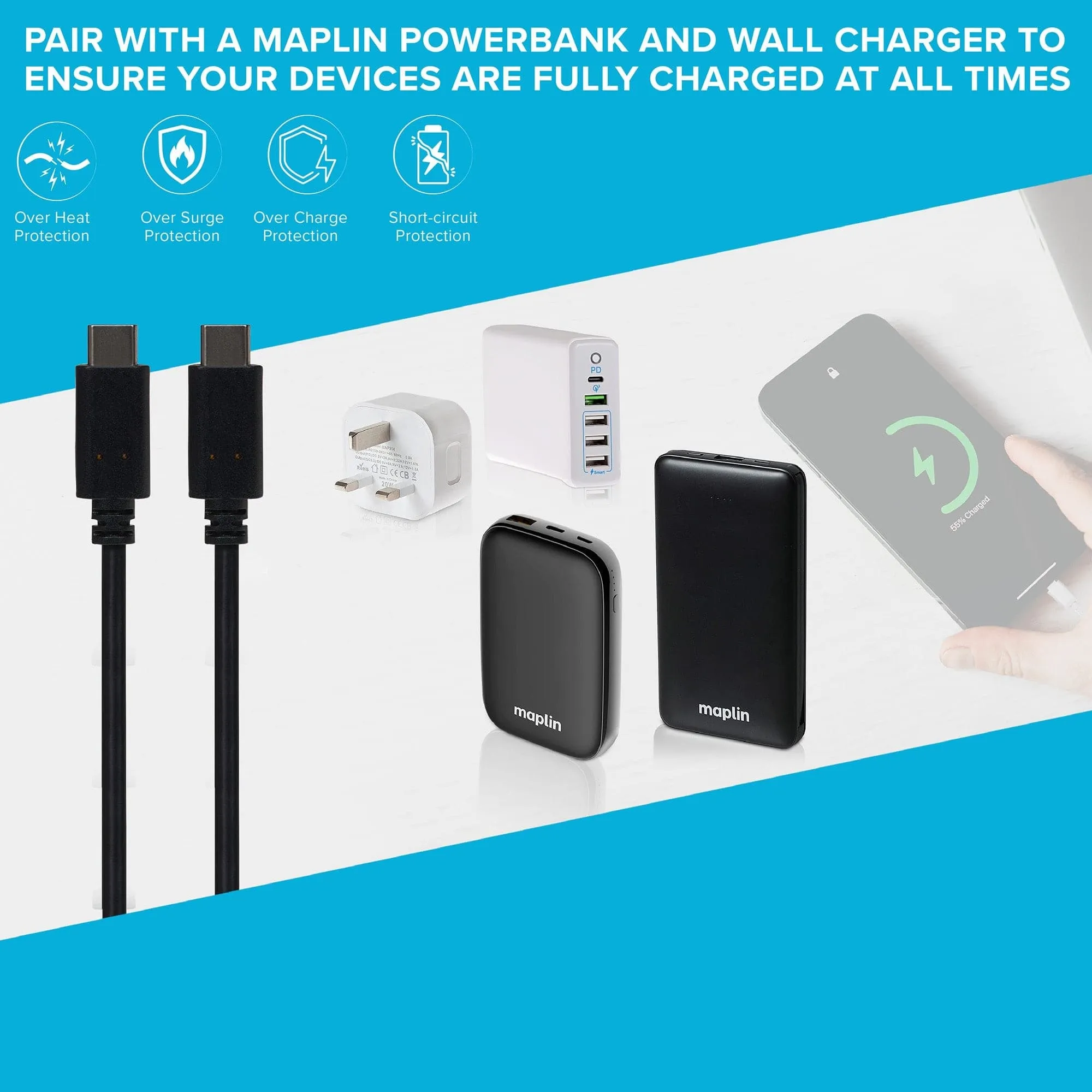 Maplin USB-C to USB-C 3.2 Gen2 100W 10Gbps Super Speed Cable - Black, 1m