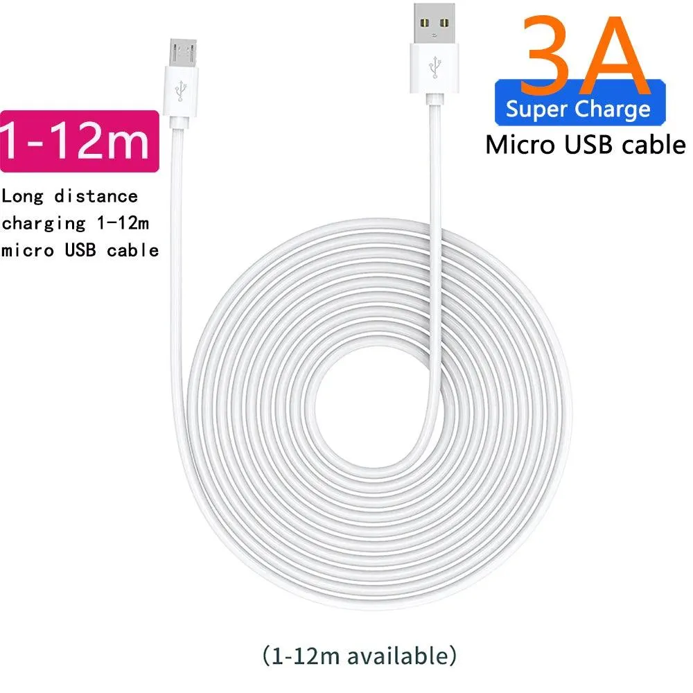 Micro USB Cable Super Length For Xiaomi Camera Monitor Mobile Phone Power Bank Driving Recorder Projector Extension Charge Cord