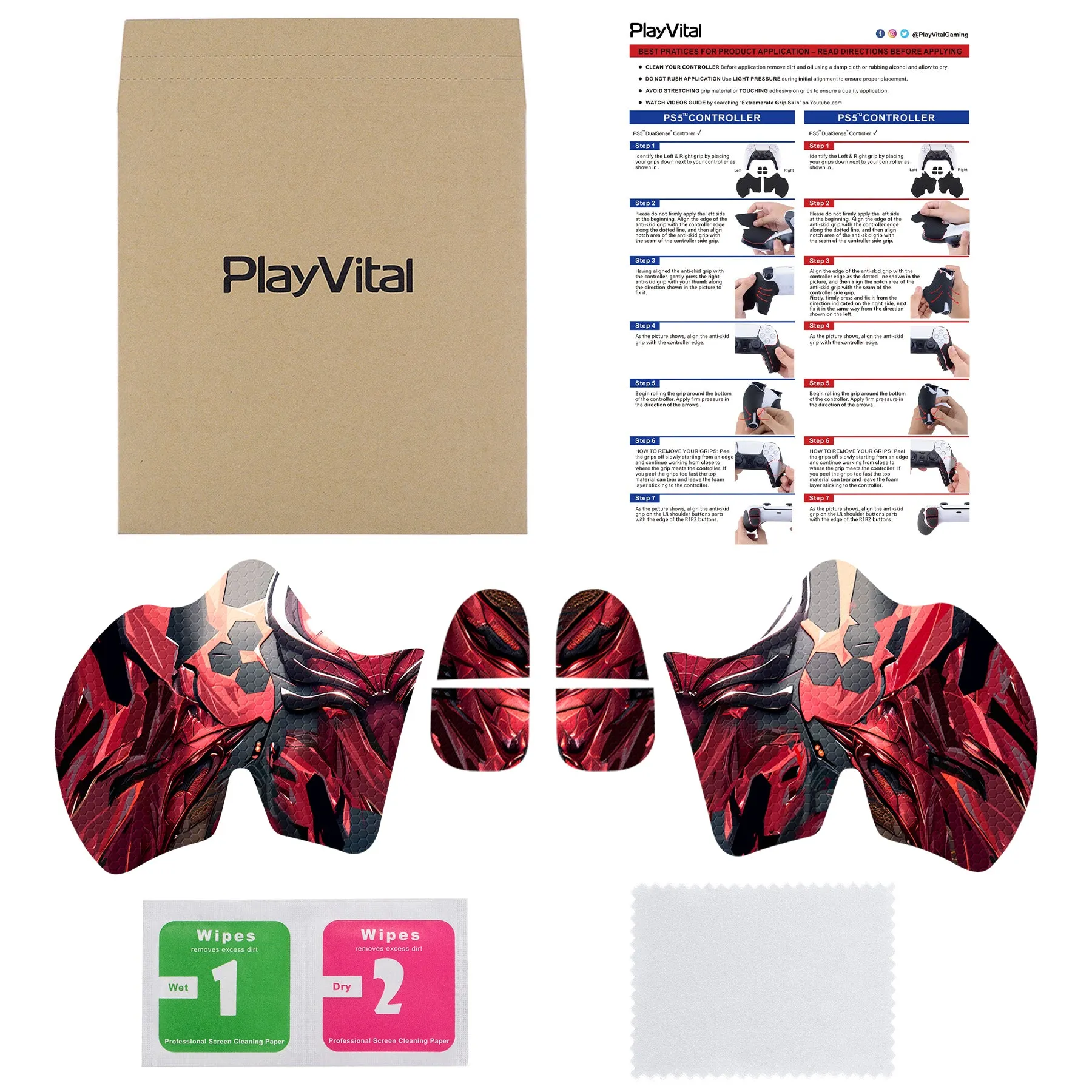 PlayVital Armored Edition Anti-Skid Sweat-Absorbent Controller Grip for PS5, Professional Textured Soft Rubber Pads Handle Grips for PS5 Controller with Shoulder Button Trigger Stickers - Spider Armor - PFPJ157