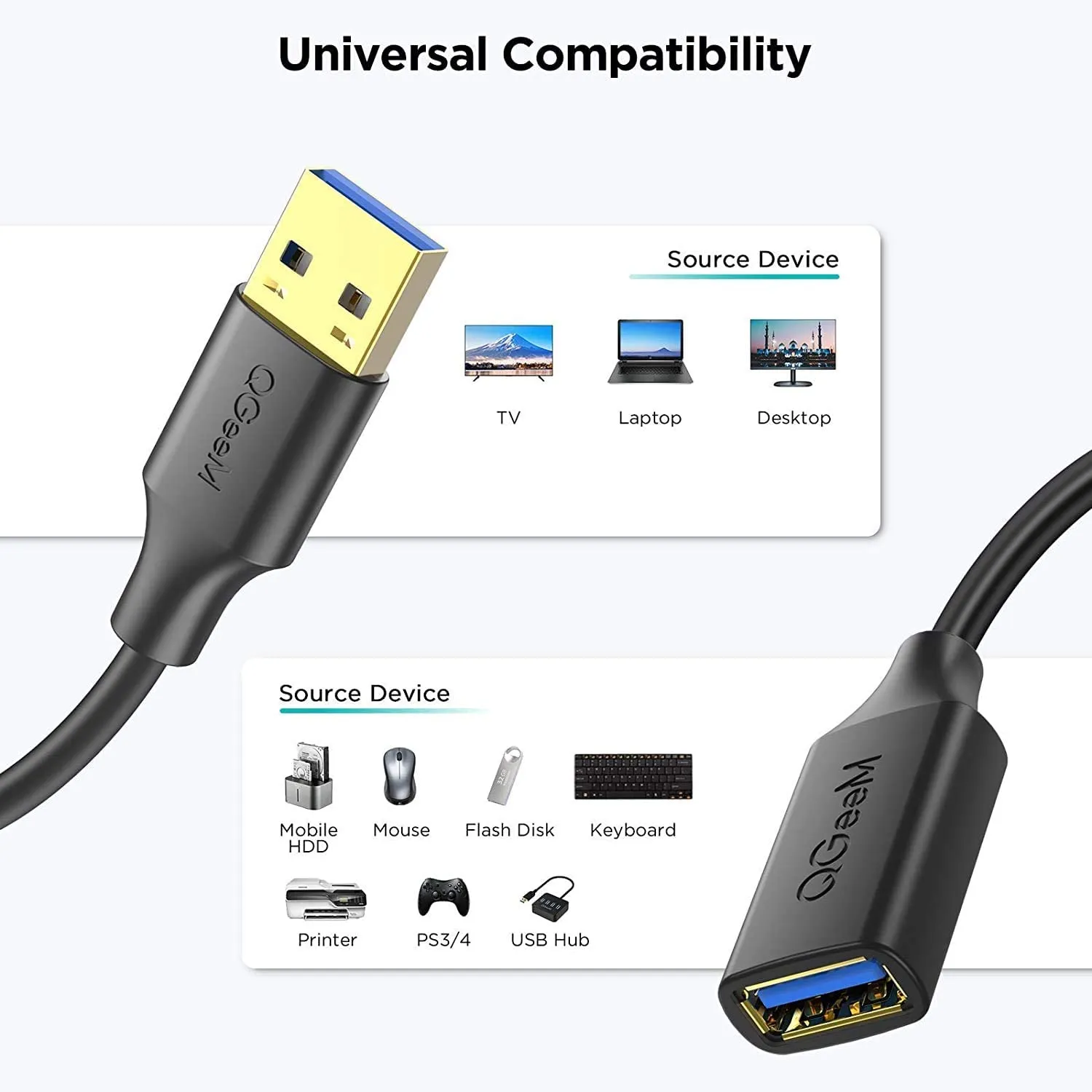 QGeeM USB 3.0 Extension Cable, Male to Female Xbox, USB Flash Drive, Hard Drive, Card Reader,Scanner,Printer,Keyboard