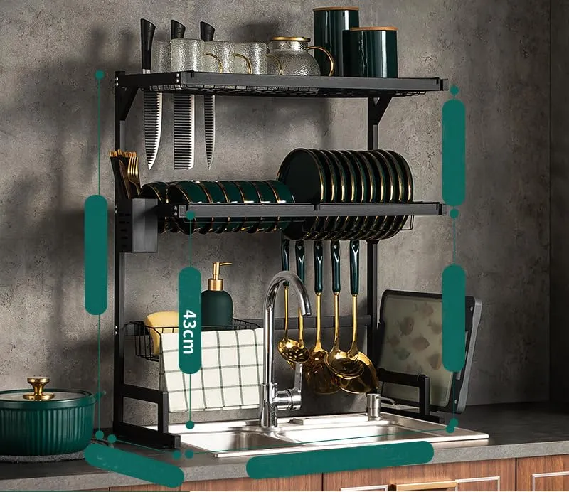 UMAI Drain Rack Kitchen Utensil Organizer | Two Layer-65cm | Space Saving, Large Capacity, Carbon Steel, Durable (Black)