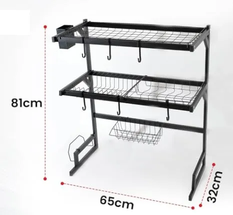 UMAI Drain Rack Kitchen Utensil Organizer | Two Layer-65cm | Space Saving, Large Capacity, Carbon Steel, Durable (Black)