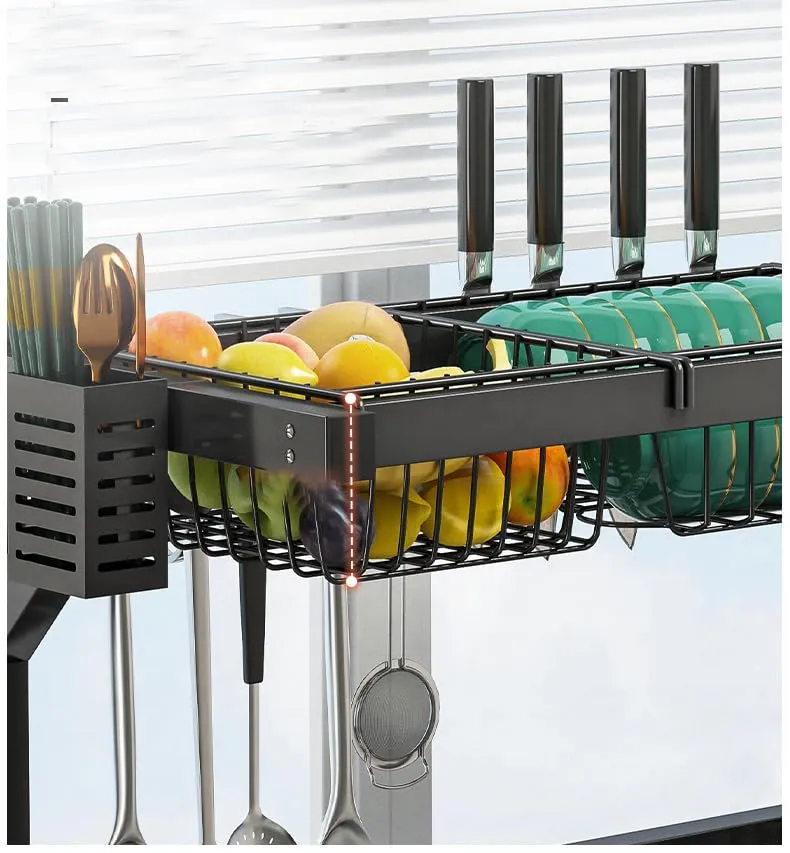 UMAI Drain Rack Kitchen Utensil Organizer | Two Layer-65cm | Space Saving, Large Capacity, Carbon Steel, Durable (Black)