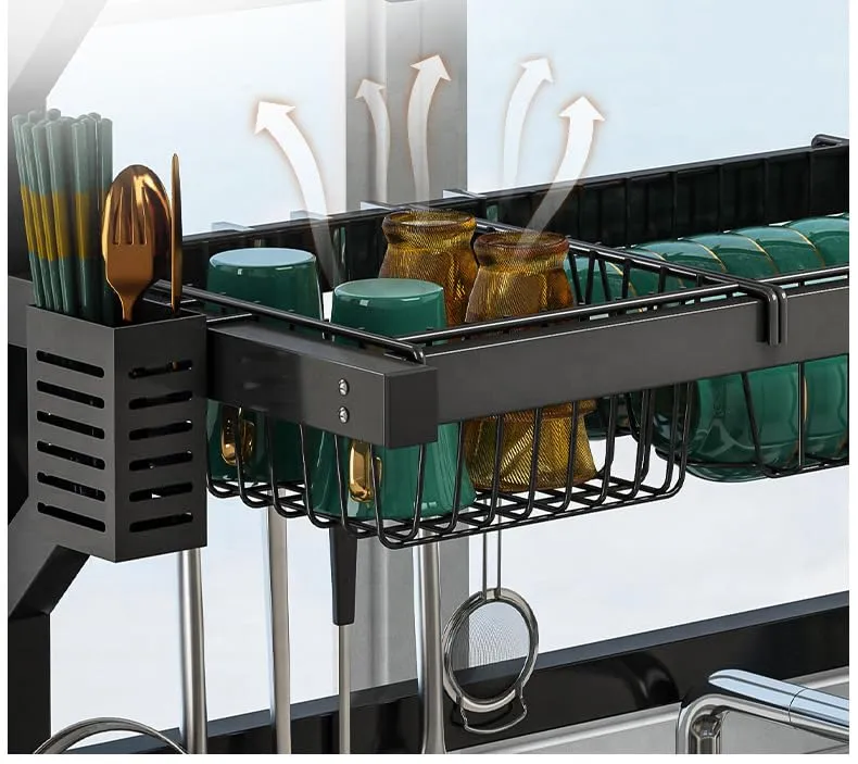 UMAI Drain Rack Kitchen Utensil Organizer | Two Layer-65cm | Space Saving, Large Capacity, Carbon Steel, Durable (Black)