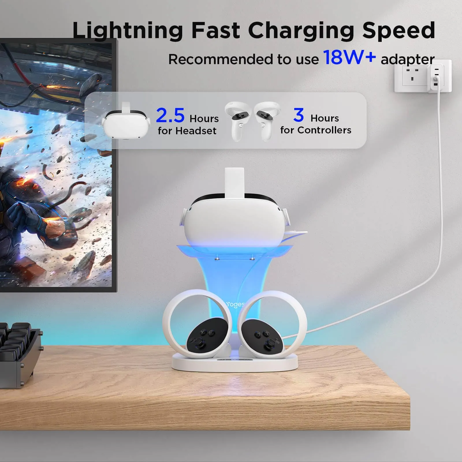 YOGES VR Charging Dock for Meta Quest 2, Q20Pro Fast Charging Station for Oculus Quest 2 Headset & Controllers with 2 Rechargeable Batteries (Need 18W  adapter)