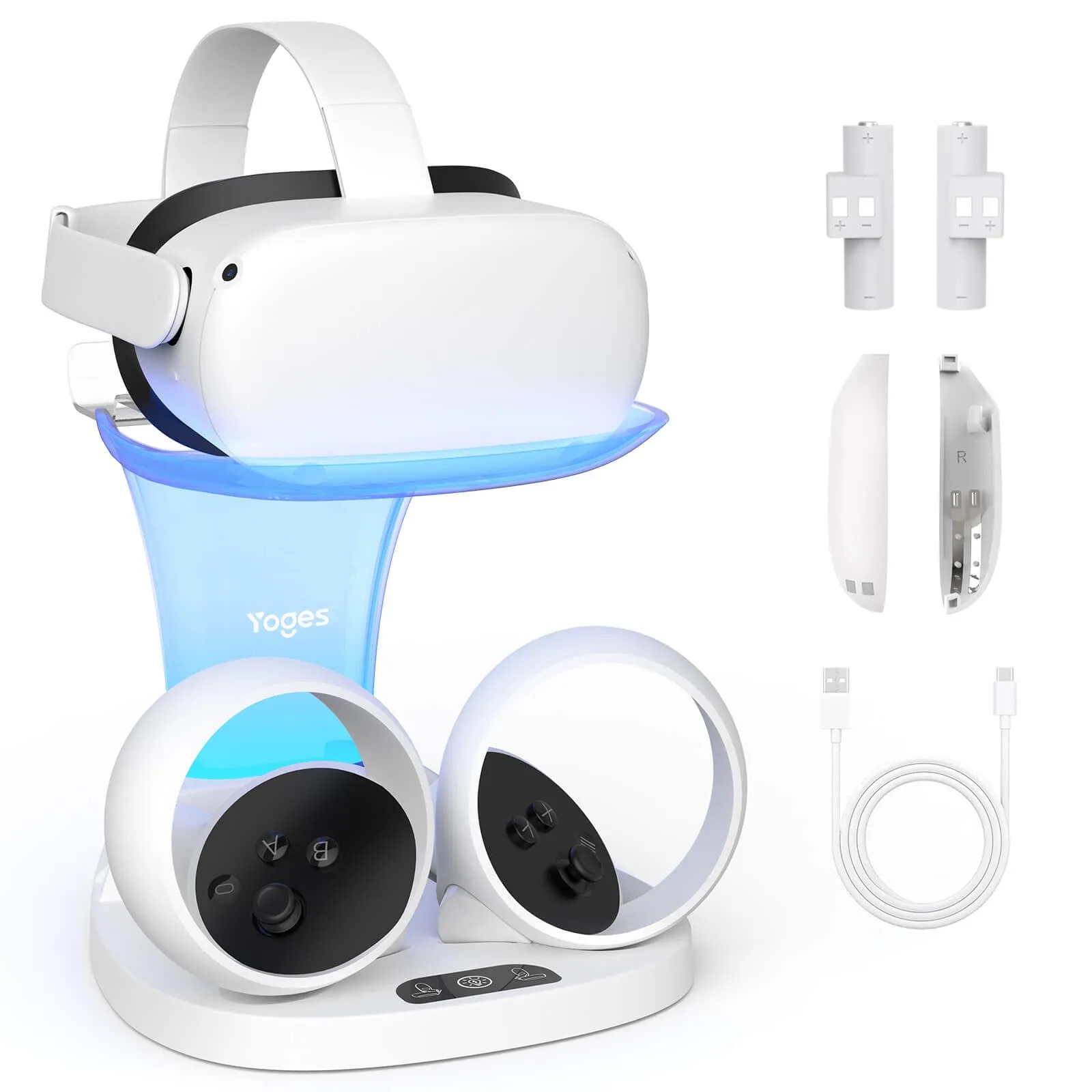 YOGES VR Charging Dock for Meta Quest 2, Q20Pro Fast Charging Station for Oculus Quest 2 Headset & Controllers with 2 Rechargeable Batteries (Need 18W  adapter)