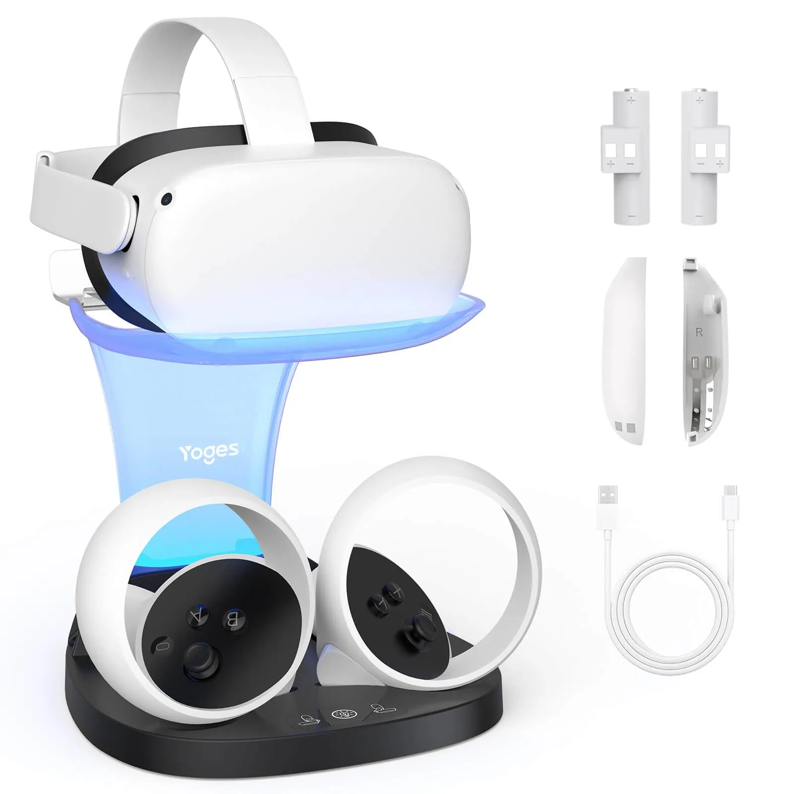 YOGES VR Charging Dock for Meta Quest 2, Q20Pro Fast Charging Station for Oculus Quest 2 Headset & Controllers with 2 Rechargeable Batteries (Need 18W  adapter)