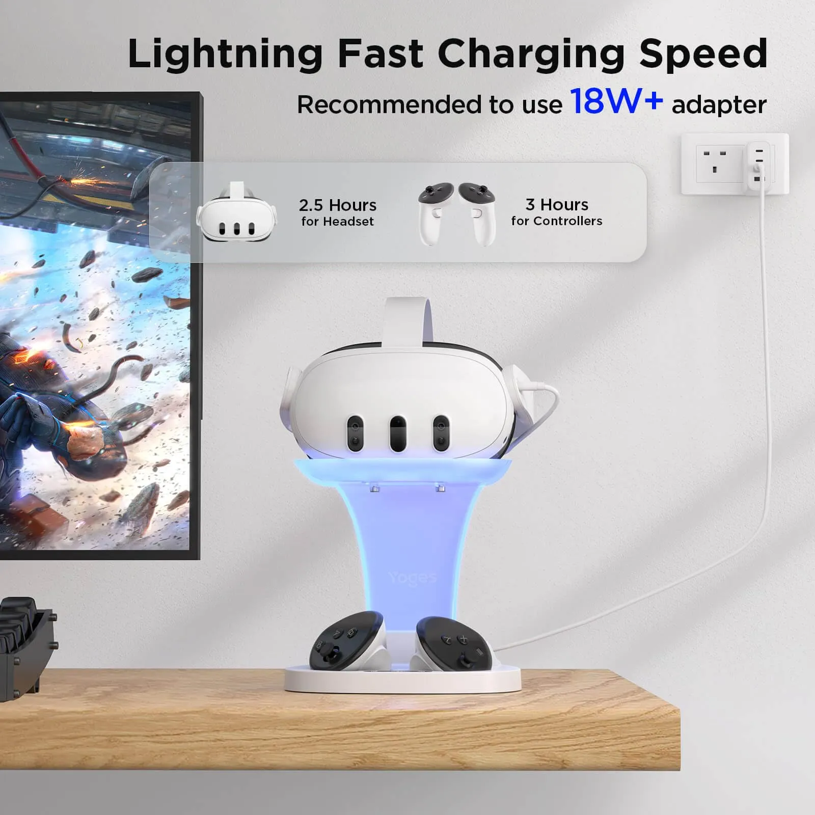 YOGES VR Q30Pro Charging Dock for Meta Quest 3 & Quest 3S, Fast Charging Station for Headset Controllers (Need 18W  adapter)