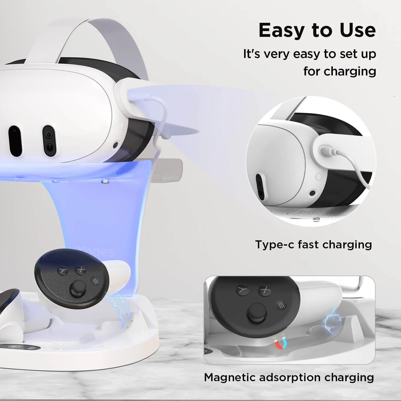 YOGES VR Q30Pro Charging Dock for Meta Quest 3 & Quest 3S, Fast Charging Station for Headset Controllers (Need 18W  adapter)